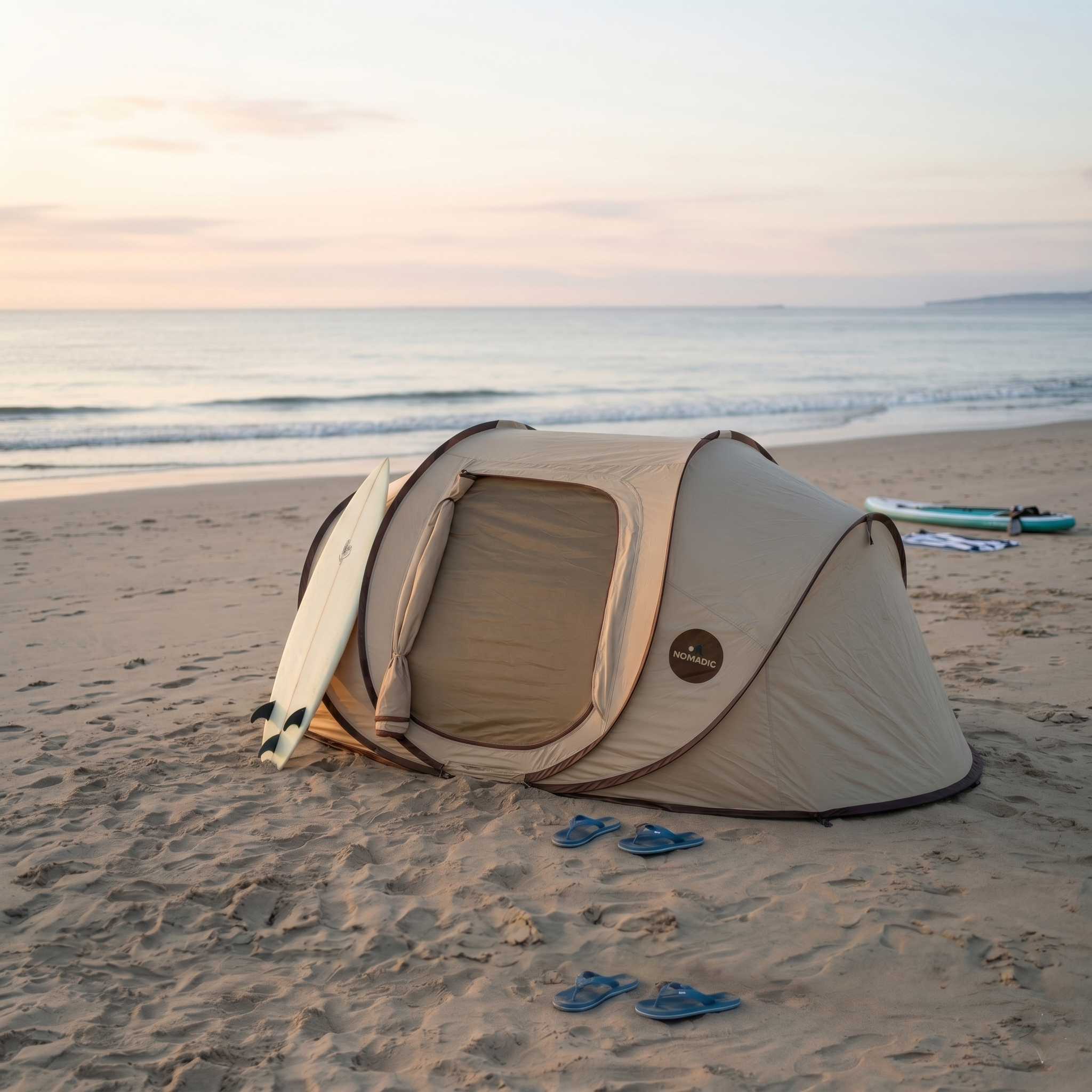 The Explorer pop-up tent on a beach with surfboards leaning against it