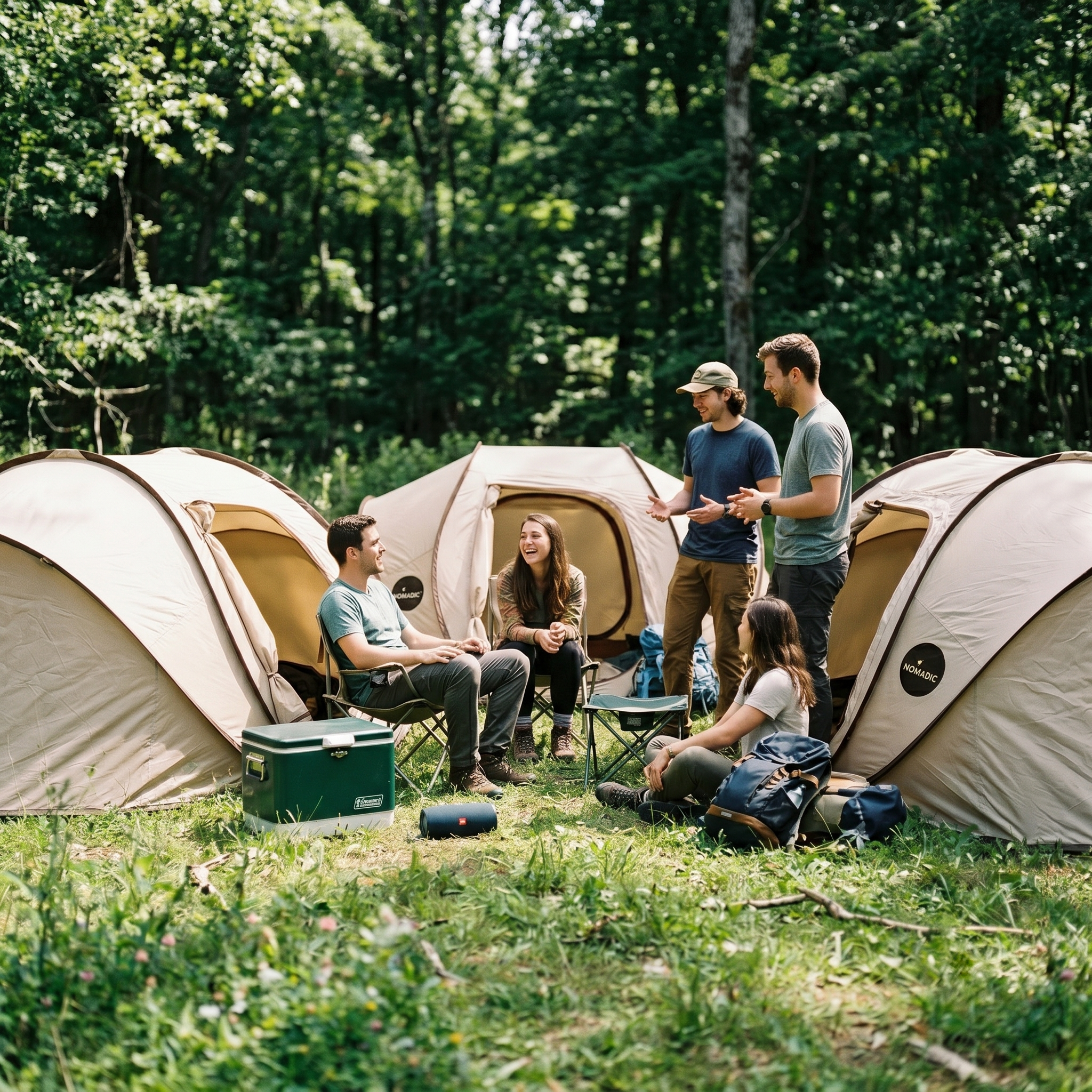 Campers gathered between Explorer pop-up tents in a forest clearing