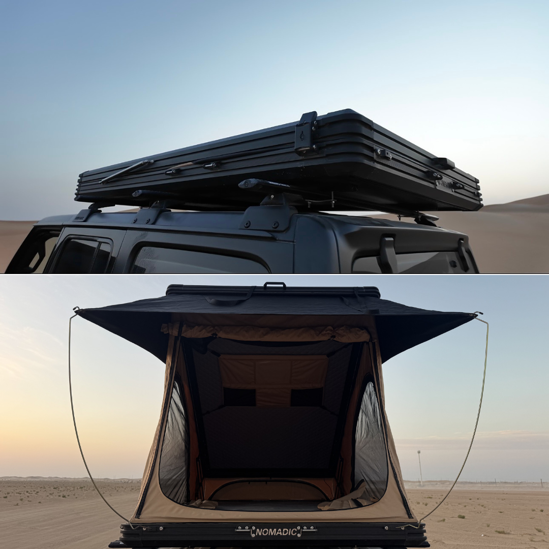 Two views of the Nomad rooftop tent, closed flat and open showing the interior