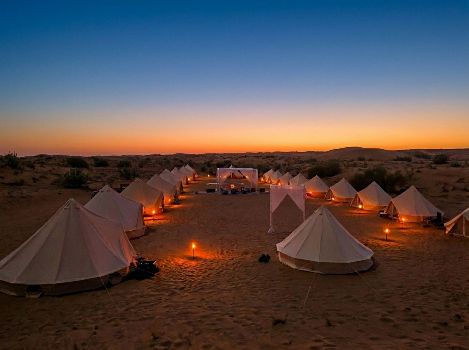 Aerial view of a Nomadic camp at sunset