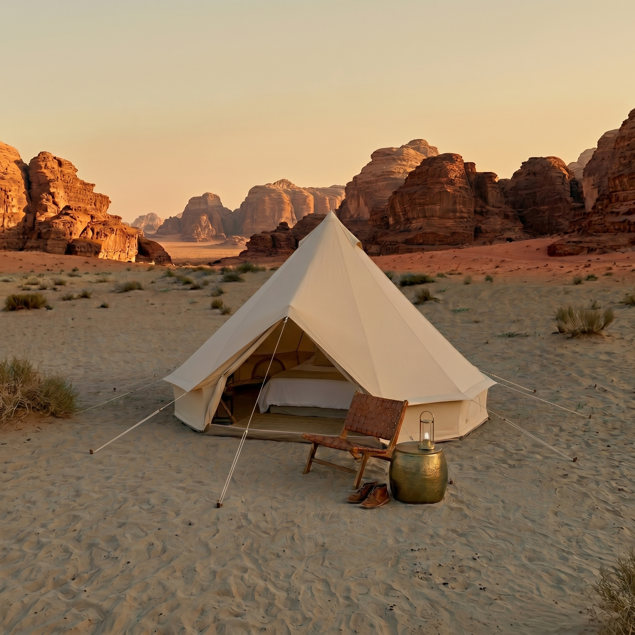 The Bedouin bell tent pitched among desert rock formations in evening light
