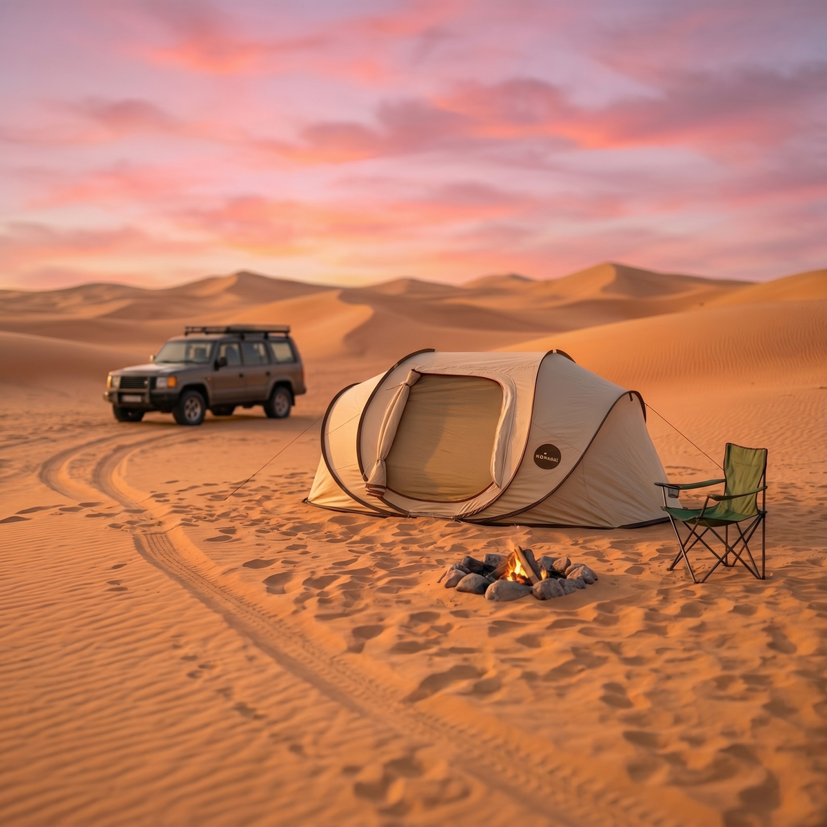The Explorer pop-up tent with a 4x4 and camp chair among dunes