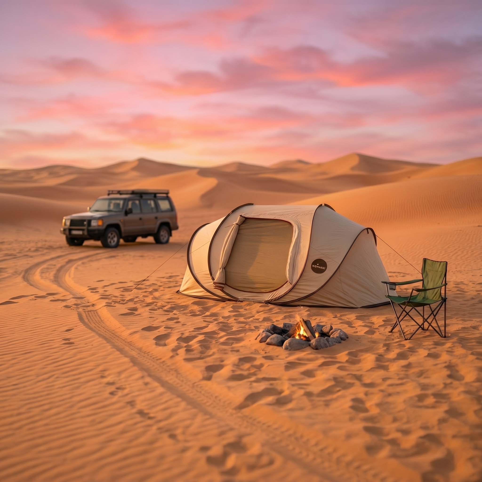 The Explorer pop-up tent with a 4x4 and camp chair among dunes