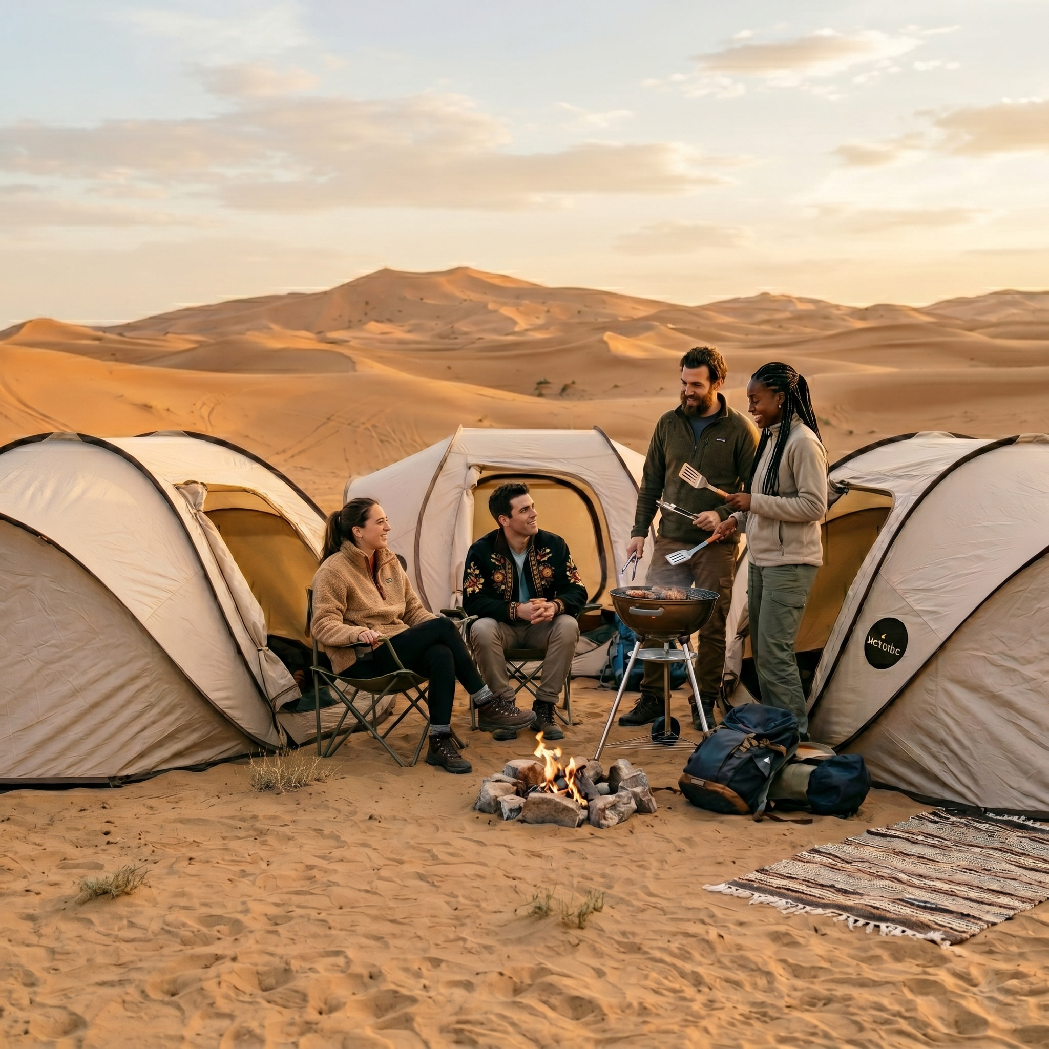 Campers sit around a fire between three Explorer pop-up tents in the desert