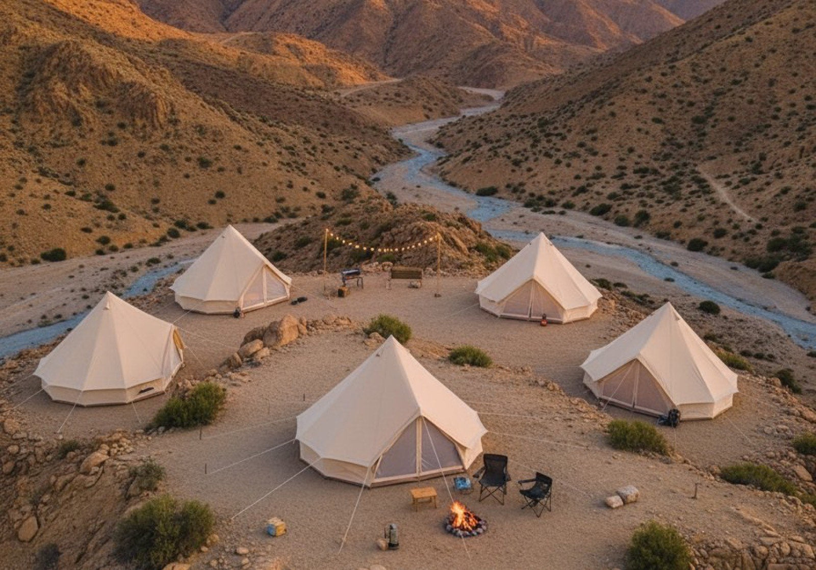 Aerial view of a camp in a valley