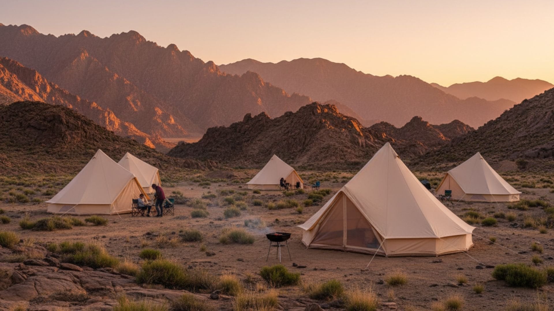 Glamping tent at a mountain camp at golden hour