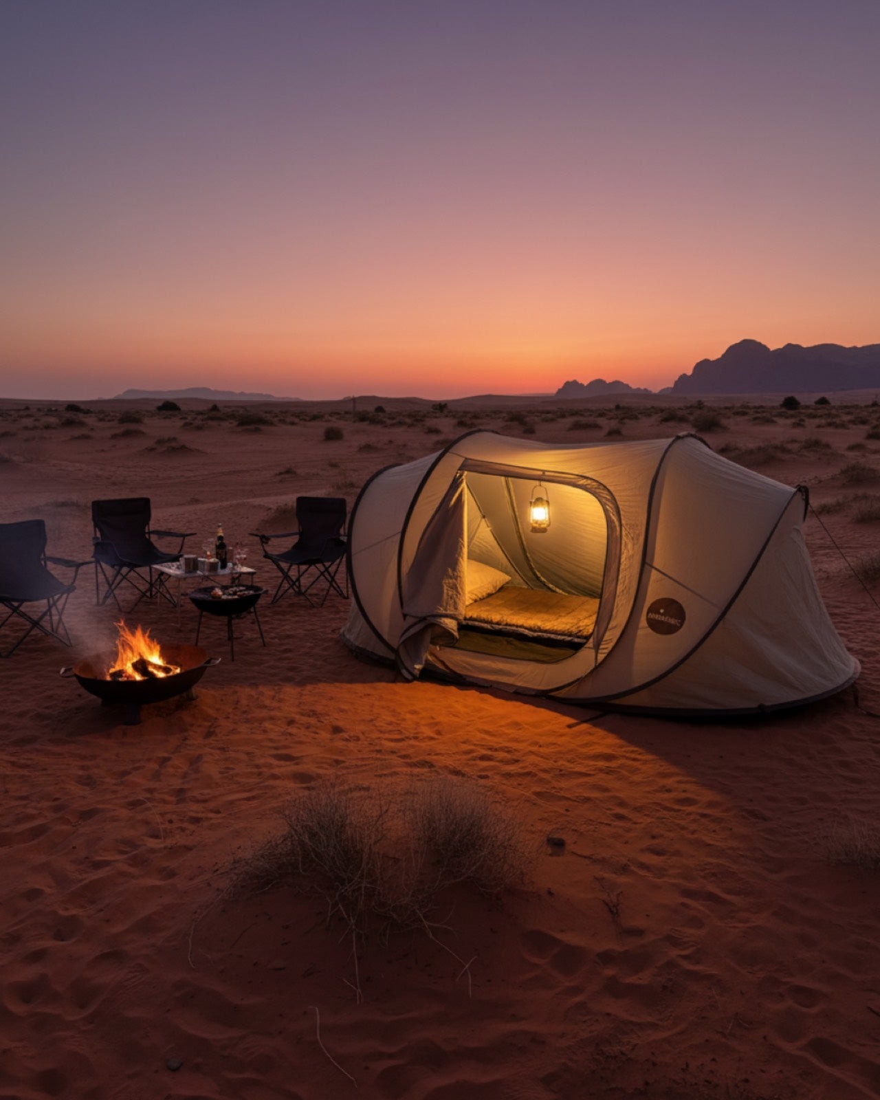 Pop-up tent pitched at desert sunset beside a firepit